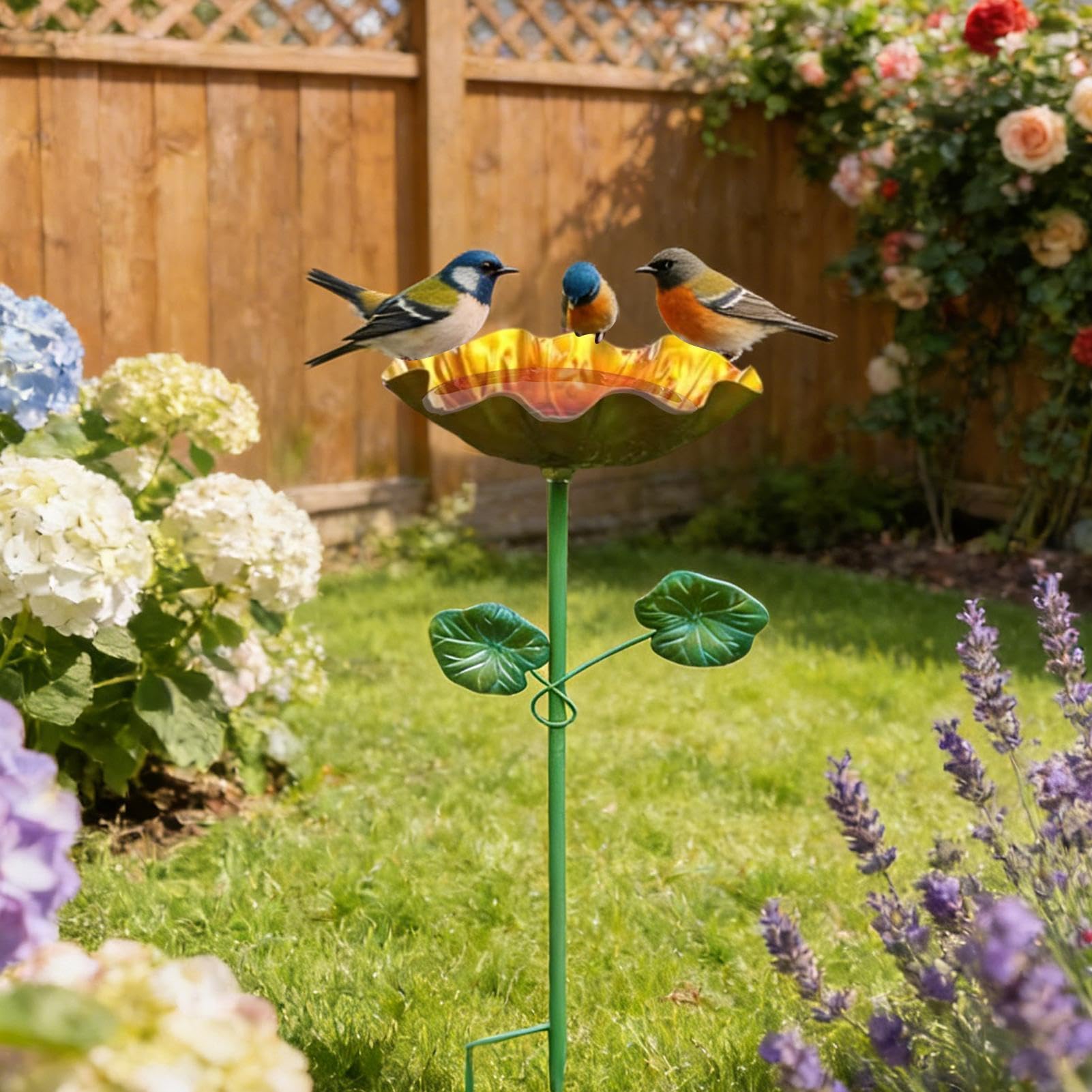 Baño de Aves de Exterior Bebedero Decorativo con Forma Floral | Recipiente Metálico Agua de Jardín Aves para Patio, Jardín, Césped, Colibríes, Abejas y Mariposas