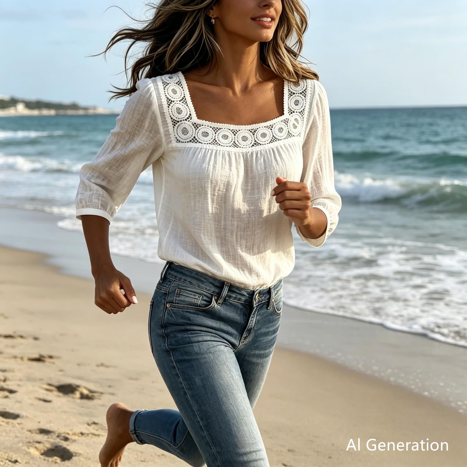 Generico Top da Donna a Maniche a 3/4 Stile Boho con Scollo Quadrato, Finiture all'Uncinetto, vestibilità Ampia ed Elegante, in Garza Traforata con Pizzo