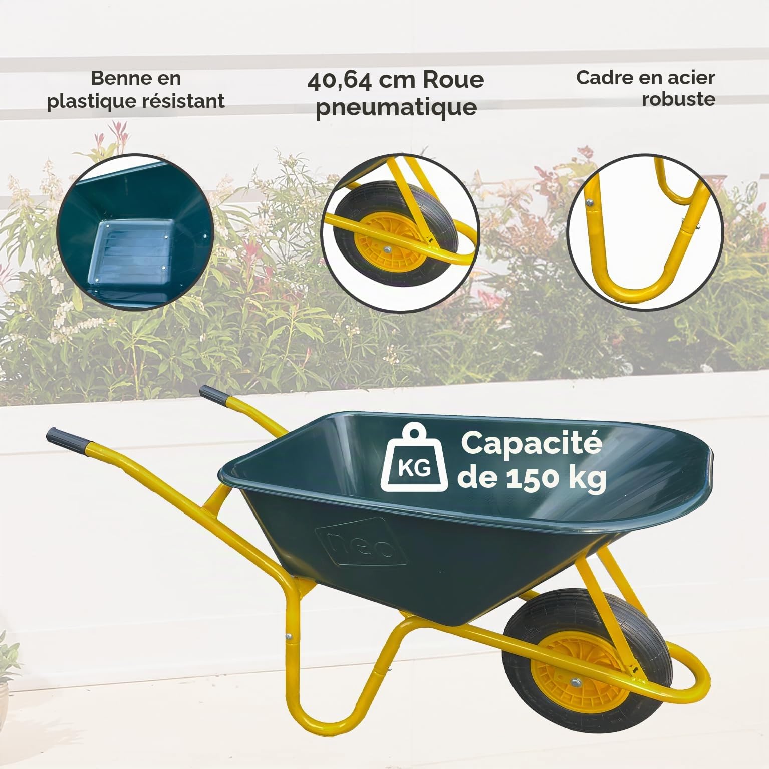 Neo Brouette de jardin robuste 110 L 150 kg en plastique durable avec plateau vert