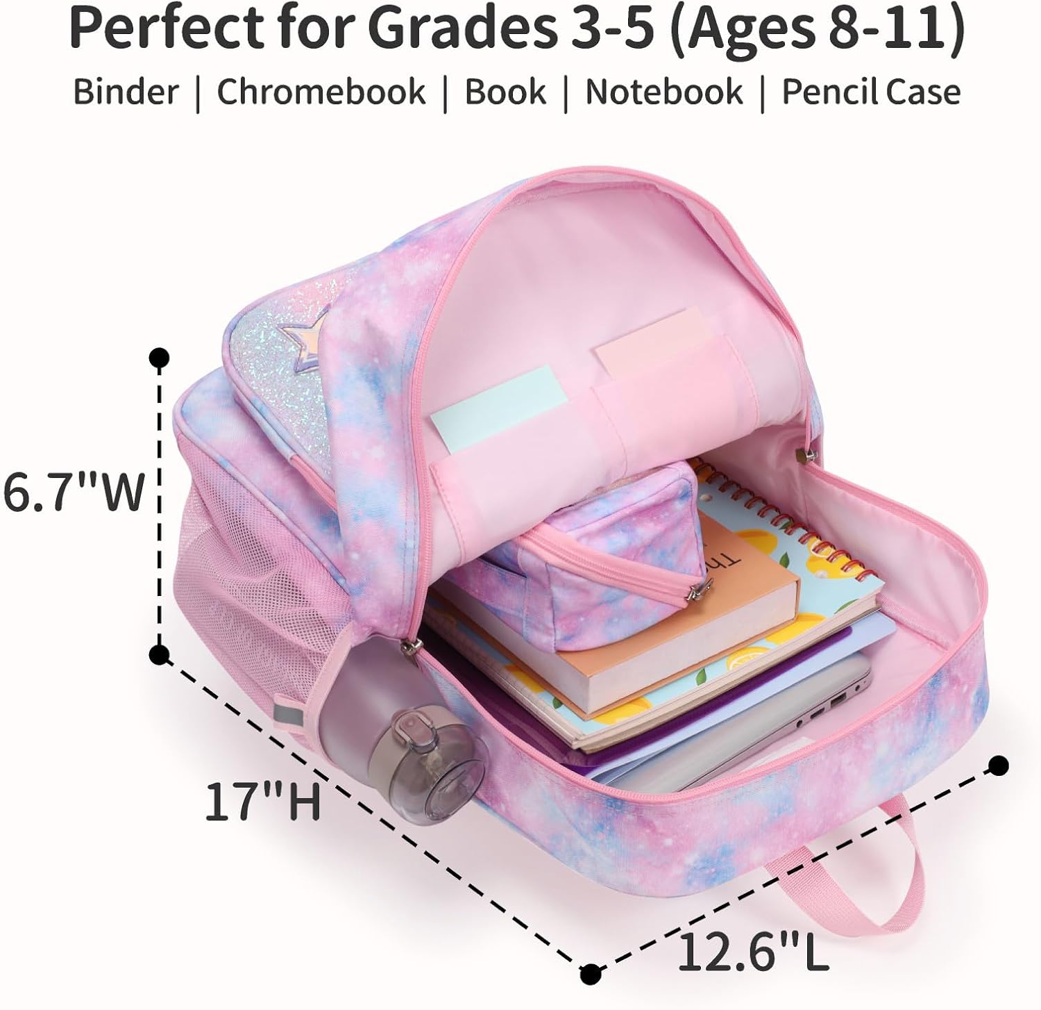 Kids Backpack for Girls - 17 Inch Insulated School Bag Ages 8-10 | Elementary Backpack for Grades 3-5, Fits Binder Laptop, Insulated Pocket, Reflective Strips, S-Curve Straps, Pink Tie Dye
