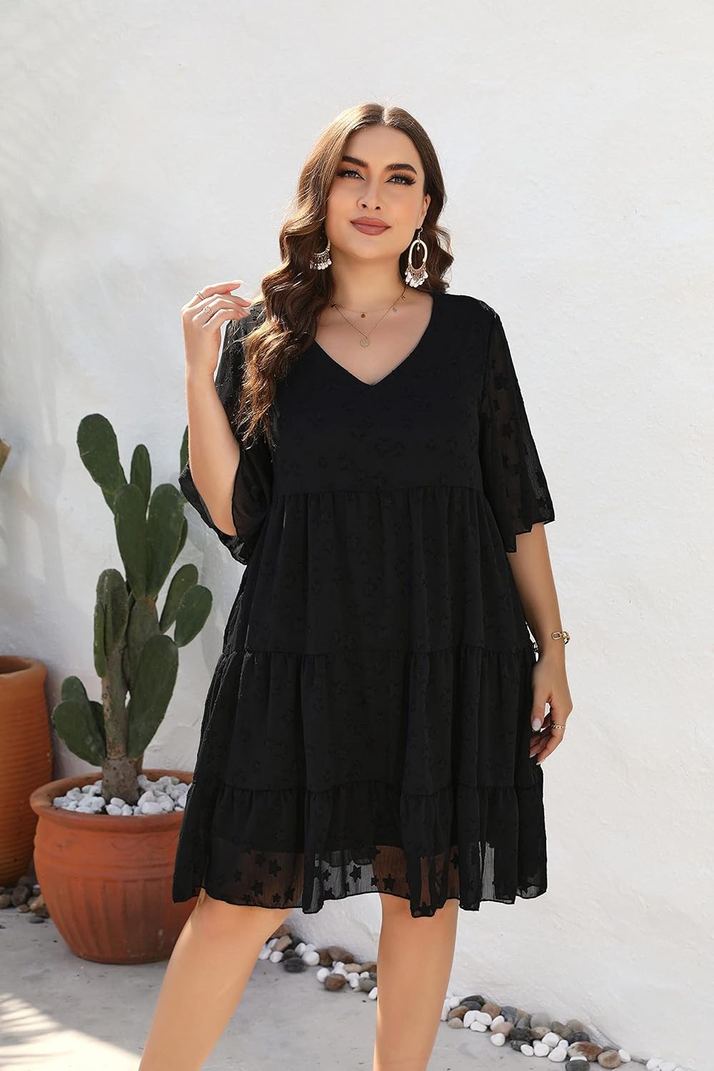 Women's Plus Size Summer Chiffon Loose Fit Dress Casual V Neck Belly Sleeve Babydoll Maternity Dress Sundress