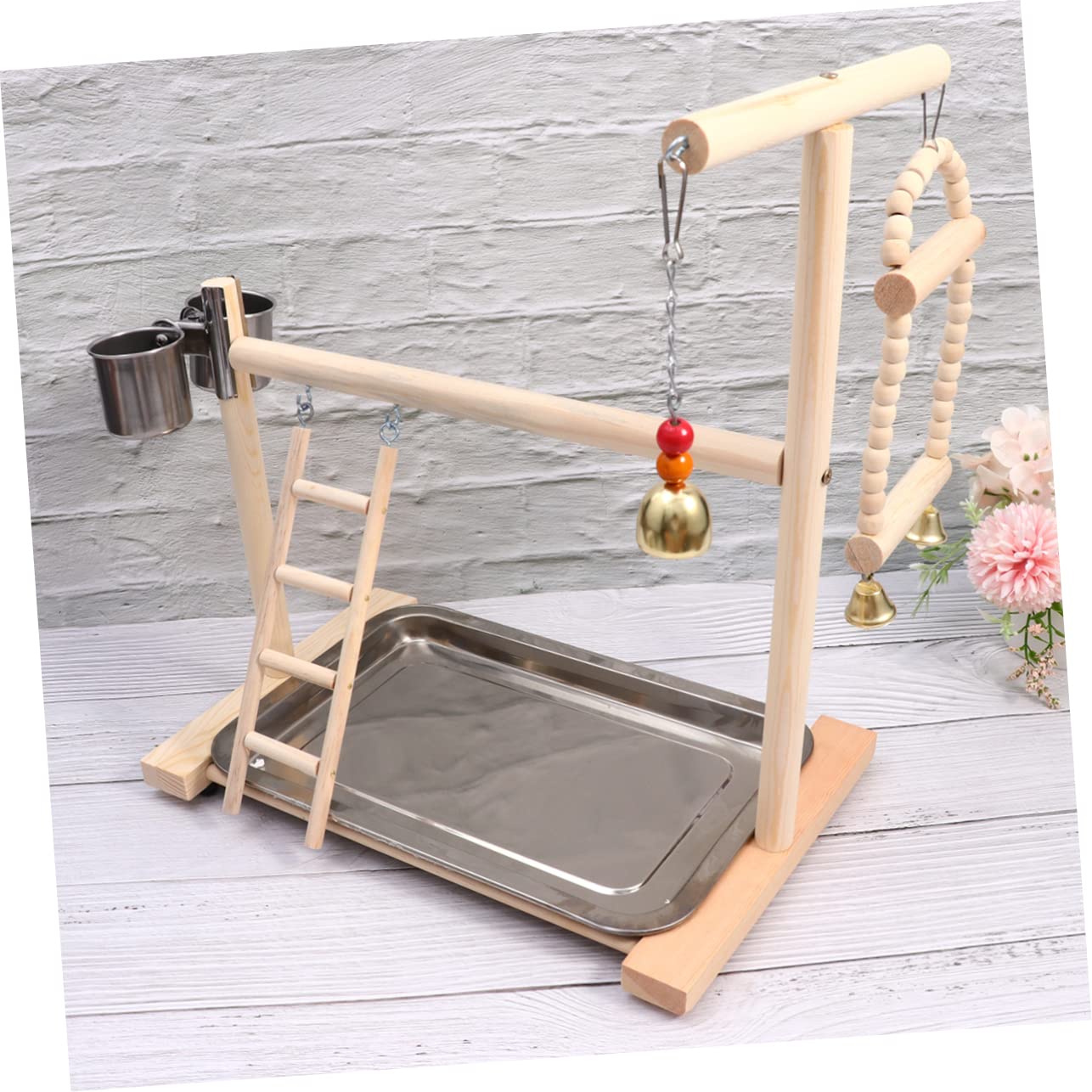 BESPORTBLE Parrot Playground in Legno Acciaio Inossidabile per Uccelli | Giochi Pappagalli, Altalena e Scala Sospesa, Uso in Gabbia o Giardino, Pendente per Voliera Colore Casuale