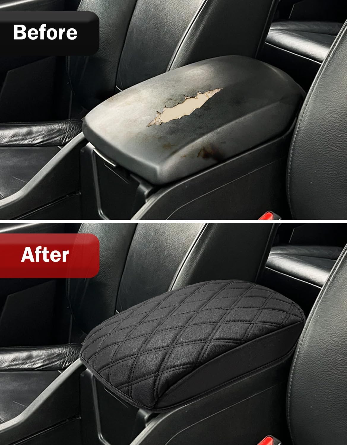 KBH Center Console Armrest Cover for Honda Pilot 2009 2010 2011 2012 2013 2014 2015, Vinyl Leather, Middle Console Arm Rest Lid Covering with Inner Pocket, Anti-Scratch, Black