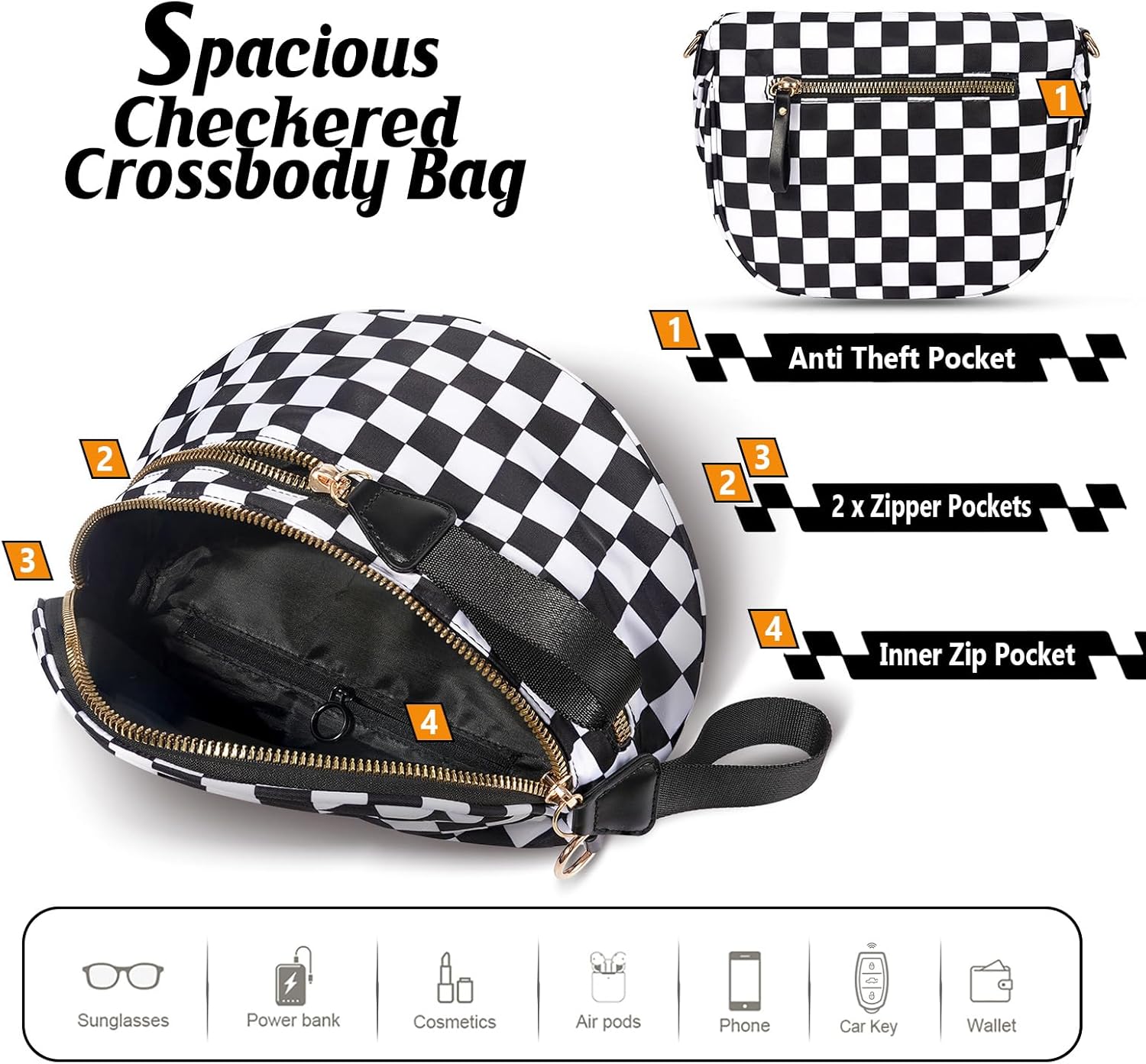 Checkered Black Crossbody Bags for Women Spacious Nylon Hobo Bum Bag Everyday Purse Fanny Packs Trendy Cross Body Bag for Woman Travel (Black and White Checkered)