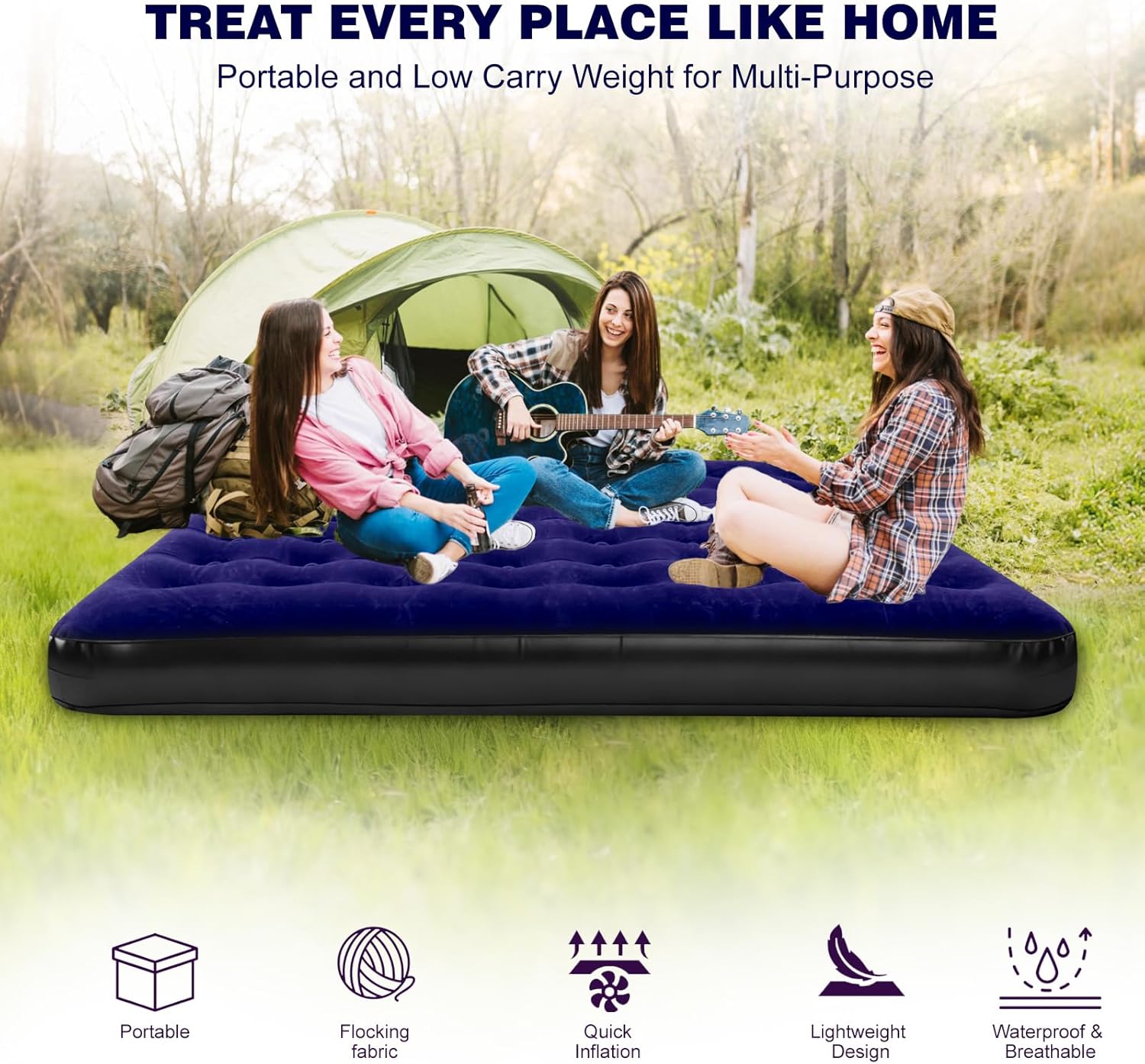 Onirii King Size Camping Air Mattress Bed with Air Pump,80"x 72"Thickened Portable Blow Up Inflatable Air Mattress,Travel Sleeping Bed Pad for Camping Home Hiking