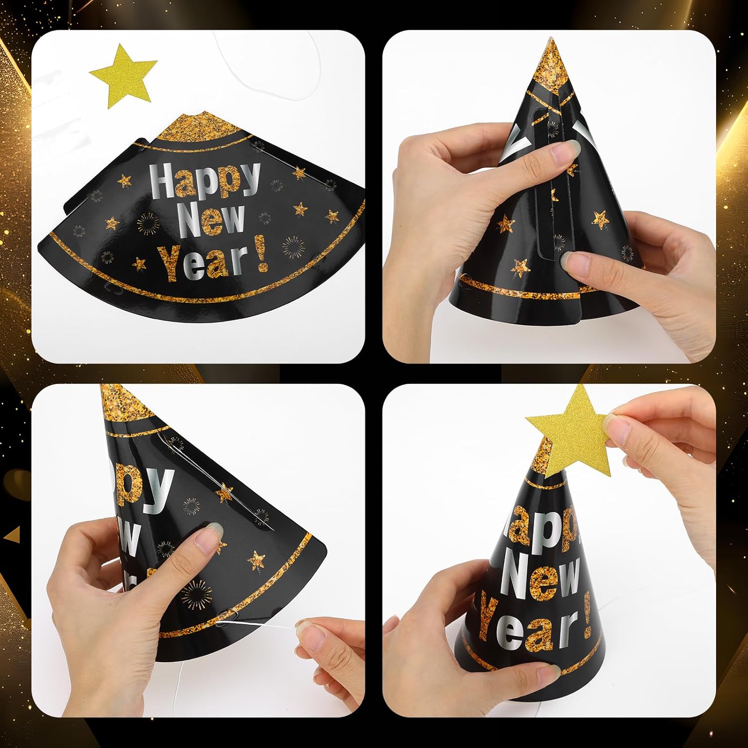 34 Pcs New Years Eve Party Supplies 2026, New Years Decorations 2026 Black and Gold Top Hats Tiaras Crown Paper Cone Hats Glasses Nye Accessories Props Outfit - Image 4