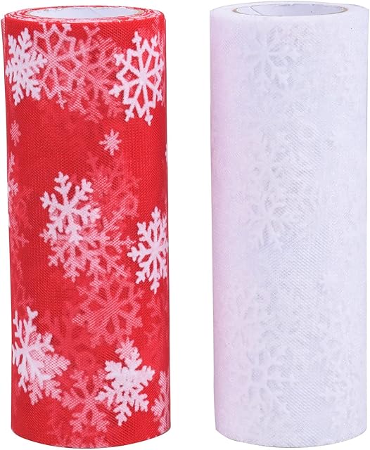 Lezevn Jomnvo 2 Rolls Christmas Snowflake Tulle Roll Red White Tulle Rolls Sheer Fabric Spool Ribbon Glitter Organza Snowflake Gauze for Christmas Decor Gift Wrapping Bows Tutu Making Table Runner