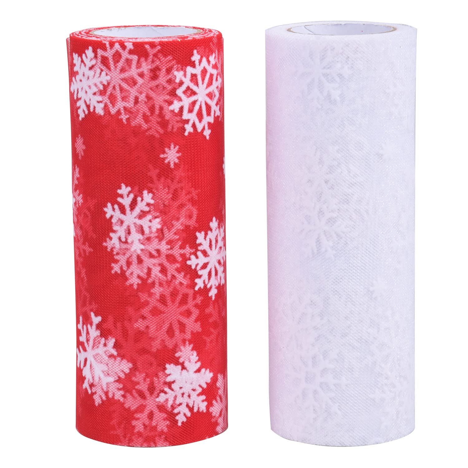 Jomnvo 2 Rolls Christmas Snowflake Tulle Roll Red White Tulle Rolls Sheer Fabric Spool Ribbon Glitter Organza Snowflake Gauze for Christmas Decor Gift Wrapping Bows Tutu Making Table Runner
