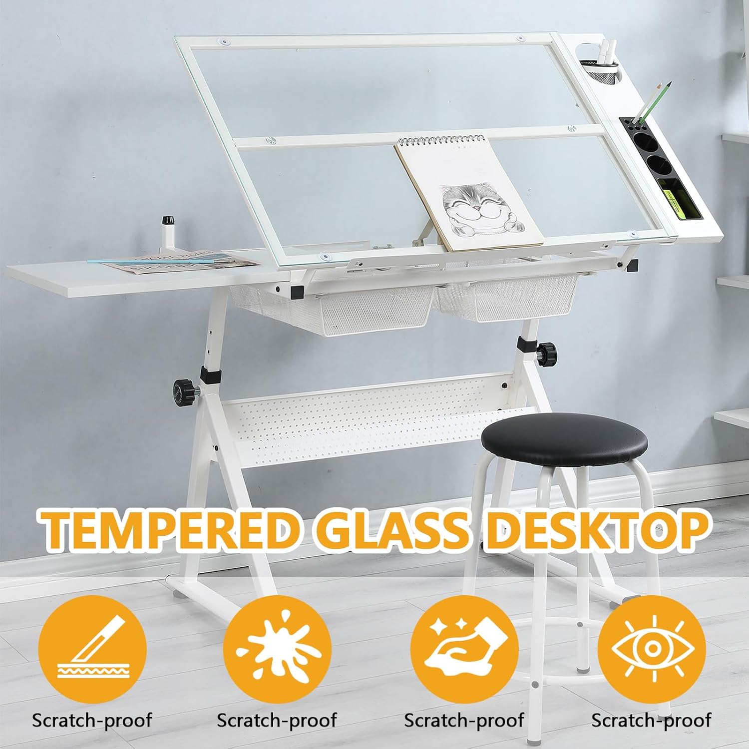 Majnesvon 0-75° Tilting Drafting Table with Tempered Glass Tabletop, Professional Drawing Table with Stool for Sketching and Painting, Hobby Desk with 2 Storage Drawers & Side Strips (White)