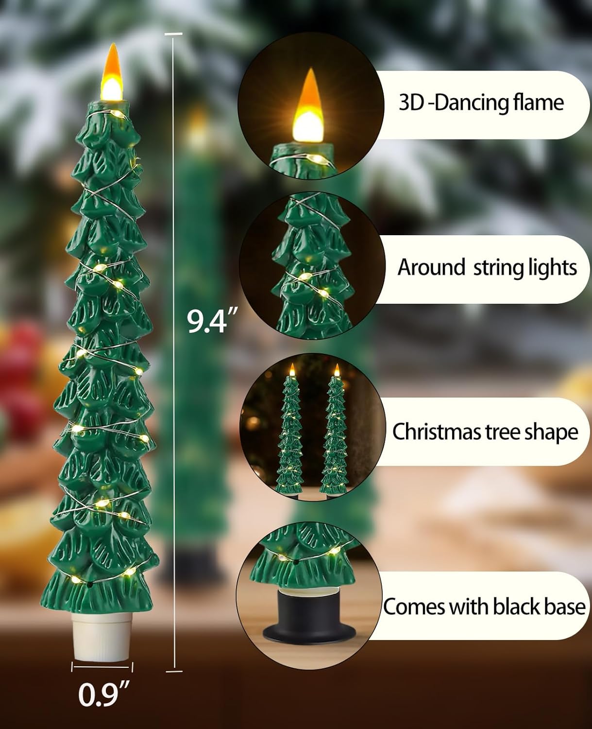 Xmas Tree LED Flameless Taper Candles with Remote Control Timer 9.5‘’ Battery Operated Candle with String Lights 2Pcs for Christmas Gift or Special Festivals Decorations