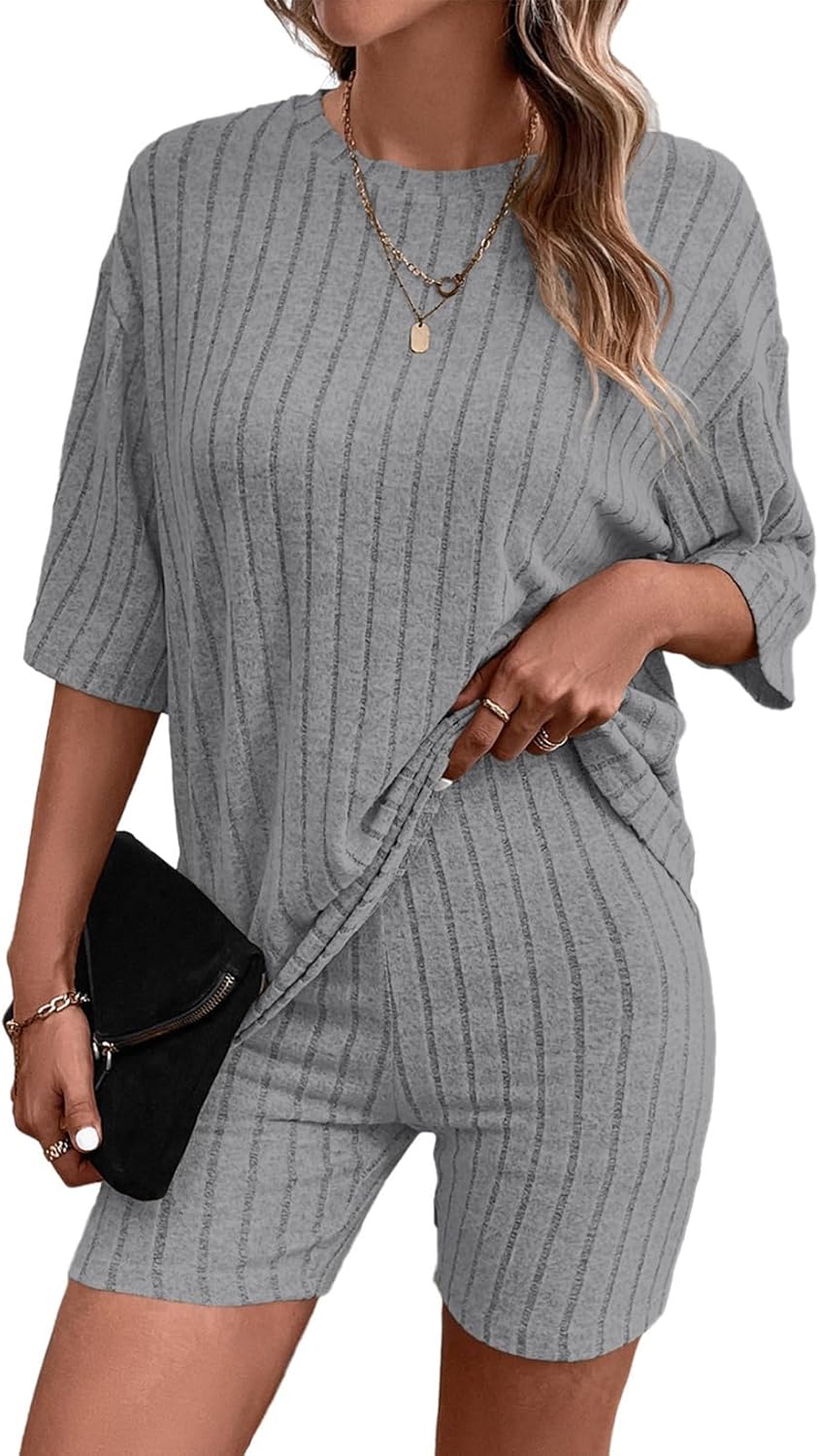 Dokotoo Women’s 2 Piece Outfits Sets Crew Neck Casual Short Sleeve Tops Shorts Pants Lounge Sets