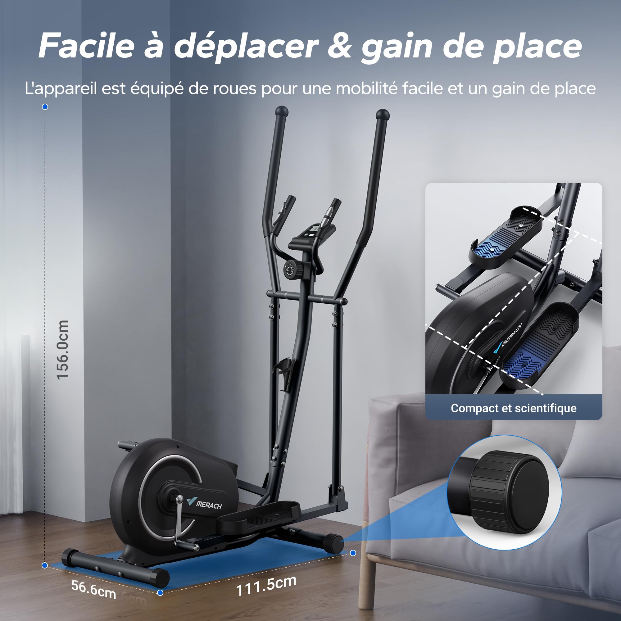 MERACH Vélo Elliptique pour la Maison, Ultra Silencieux Elliptique Compacts avec Résistance Magnétique à 16 Niveaux, Écran LCD, Capteur de Pouls, Application Exclusive MERACH, Capacité de charge 120KG