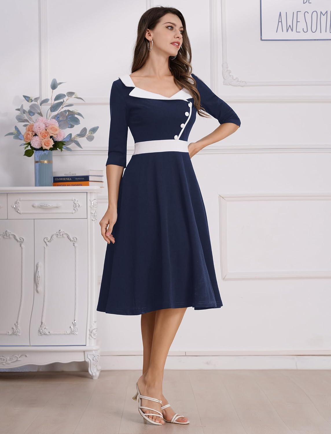 ODIZLI 1950s Dresses for Women Retro Dress 3/4 Sleeve Sweetheart Neckline Swing Midi Dress Cocktail Dress - Image 7