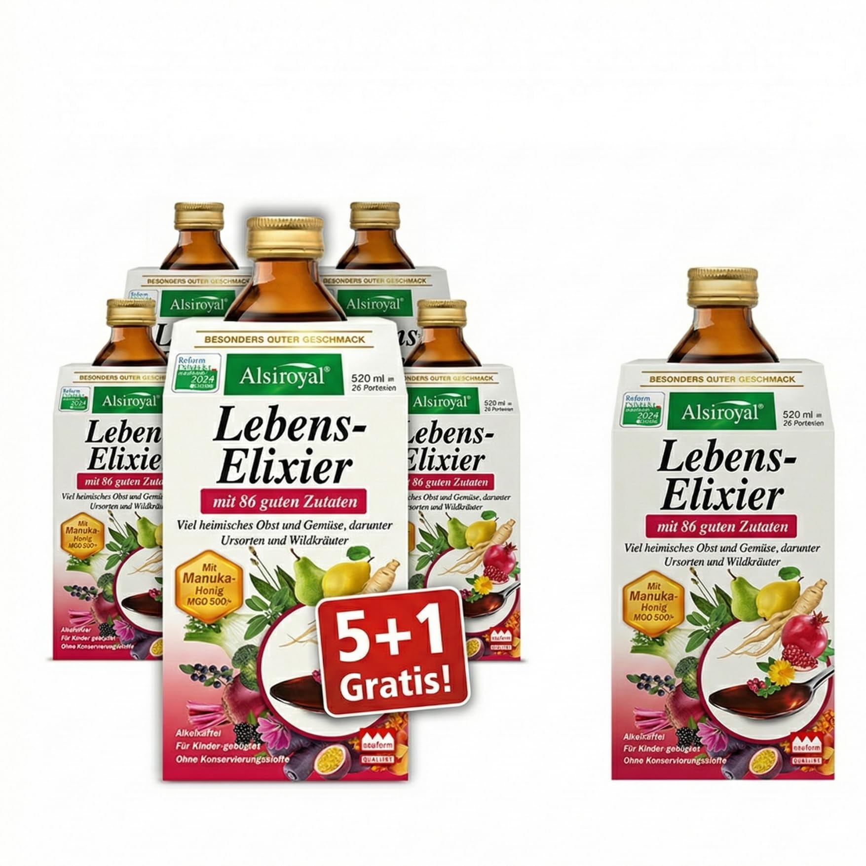 Alsiroyal Lebens-Elixier 6x 520 ml (5+1) · 86 Zutaten + Manuka | Vital Drink mit 86x Obst, Gemüse, Ursorten, Wildkräuter, Mikronährstoffe & Manuka-Honig MGO 500+ · ohne Konservierungsstoffe