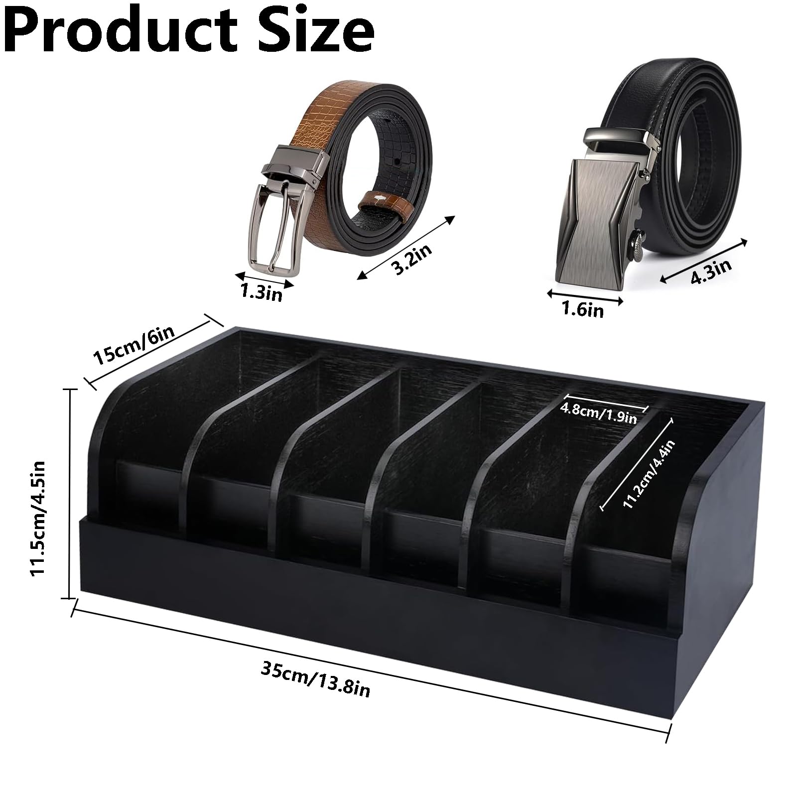 Cinturón de almacenamiento, organizador de cinturón de 6 compartimentos, vitrina de bambú para armario y cajón, organizador de cinturón para hombre y mujer para accesorios, relojes (negro)