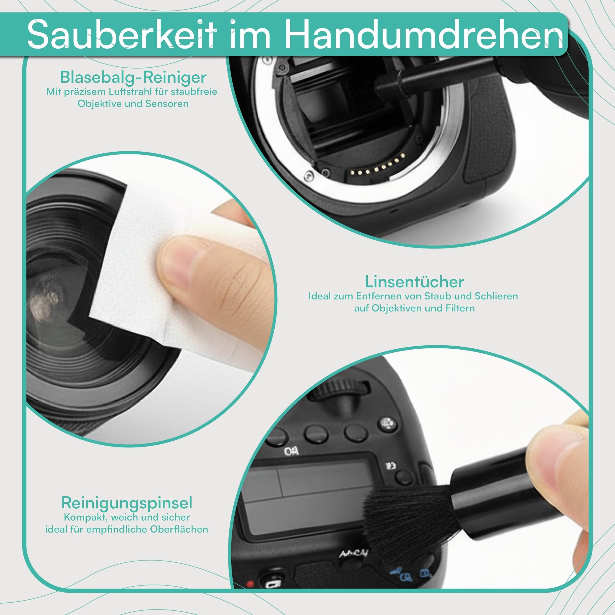 pixly Set di pulizia per fotocamera, 16 pezzi, professionale DSLR con soffietto, penna 2 in 1, pennello per la pulizia, guanti e panni in microfibra, per fotocamera, obiettivo e sensore