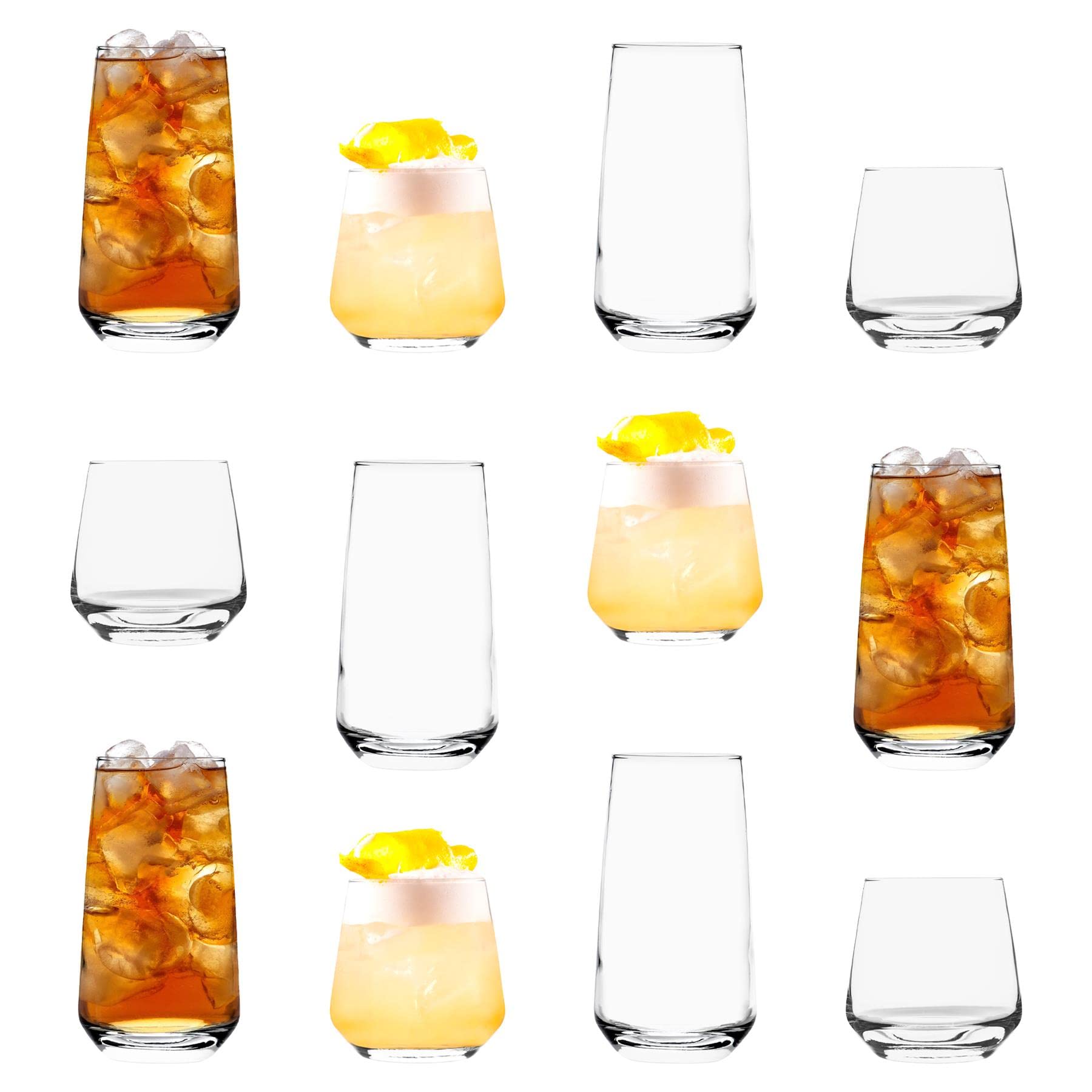 Lav Transparent 12Pc Clear Lal Glassware Set - Mixed Glass Highball Cocktail Gin Glasses And Water Whiskey Drinking Tumblers