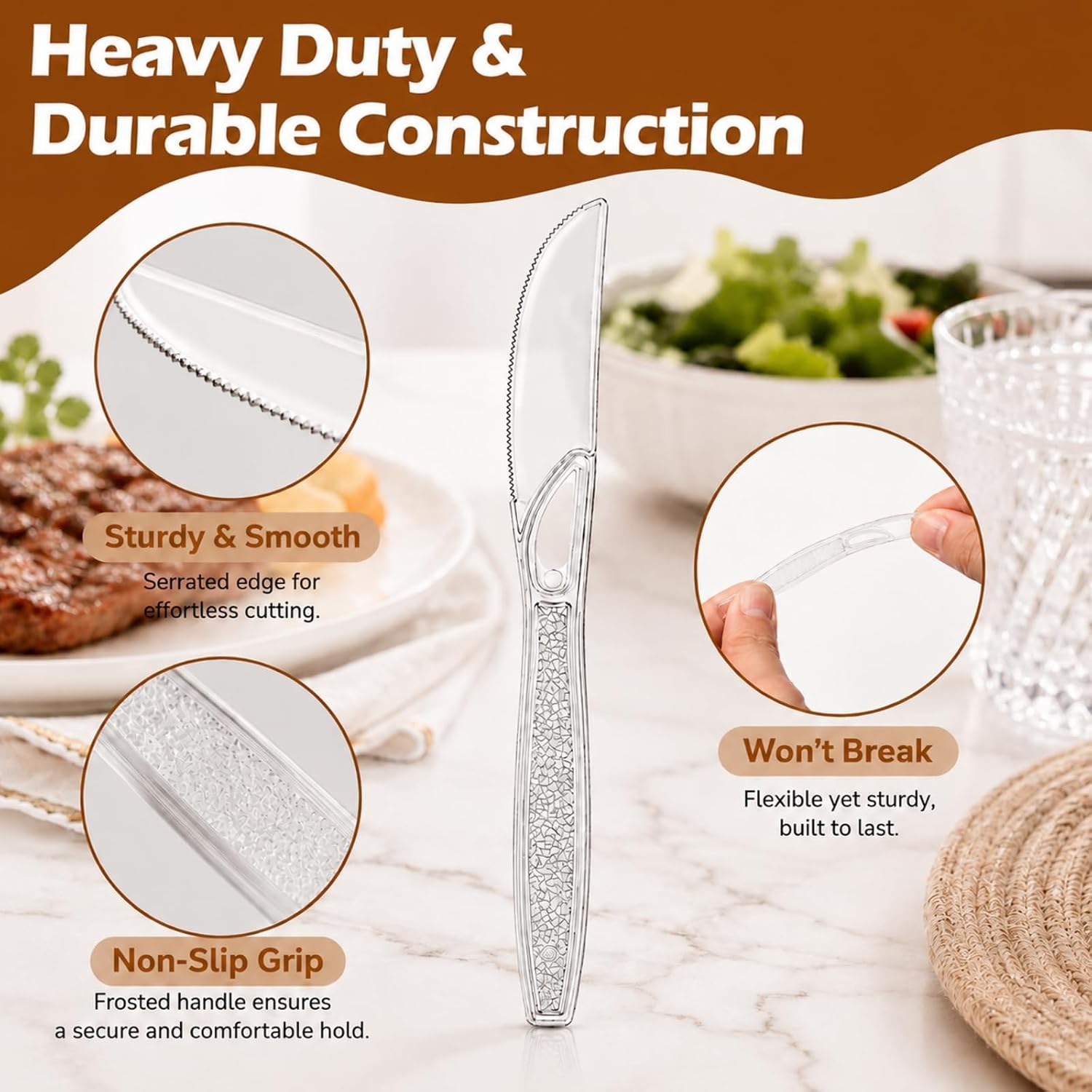 7.5" Extra Plastic Knives Heavy Duty, 120 Count Premium Disposable Plastic Knives Bulk, BPA-free & Heat Resistant, Solid and Sturdy Clear Knives for Parties, Events and Daily Use