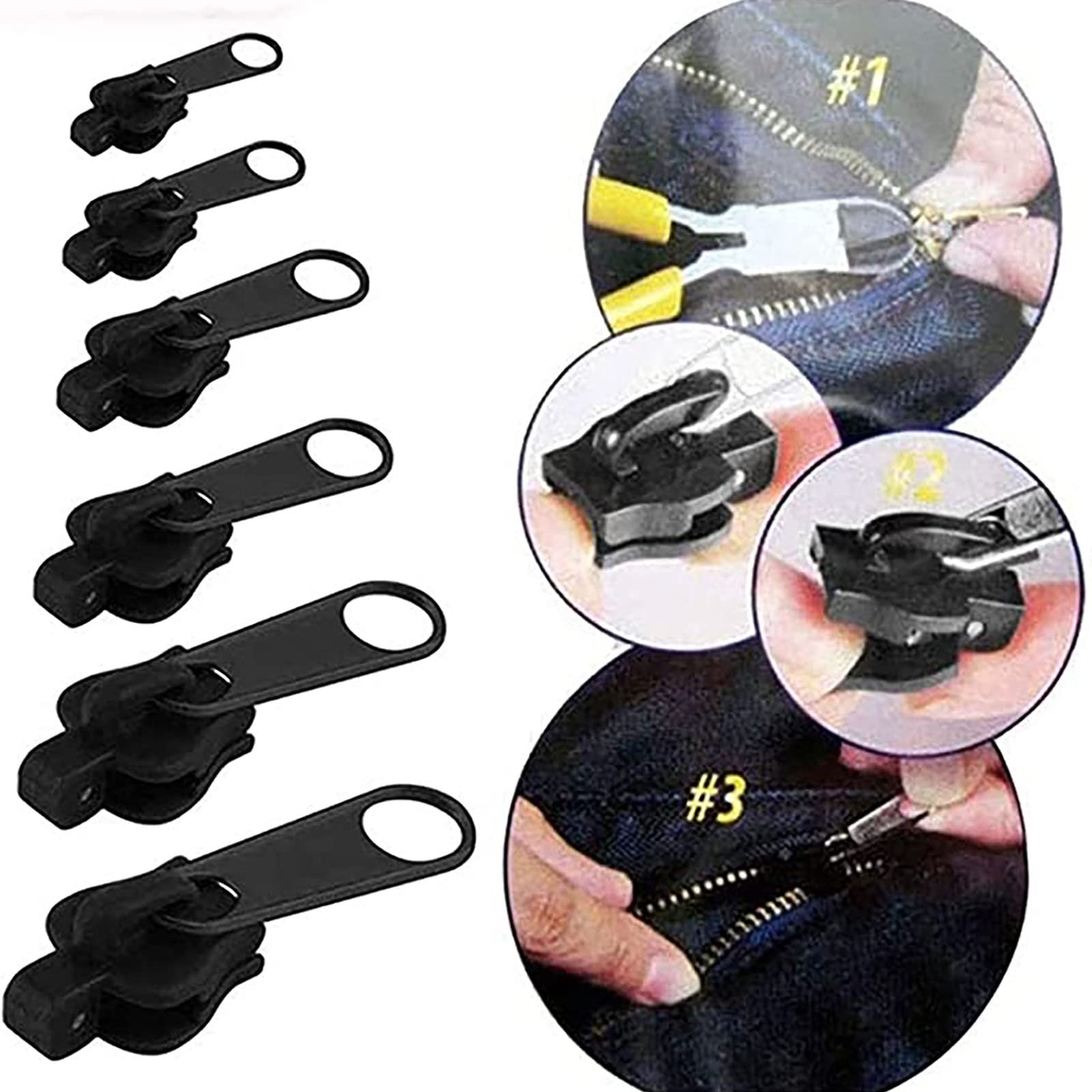 6Pcs Black Universal Instant Fix Zipper Repair Kit Replacement Zip Slider Teeth Rescue Replacement Pack Zippers Design Arts Buckles, Crafts and Sewing Practical and Popular Zippers