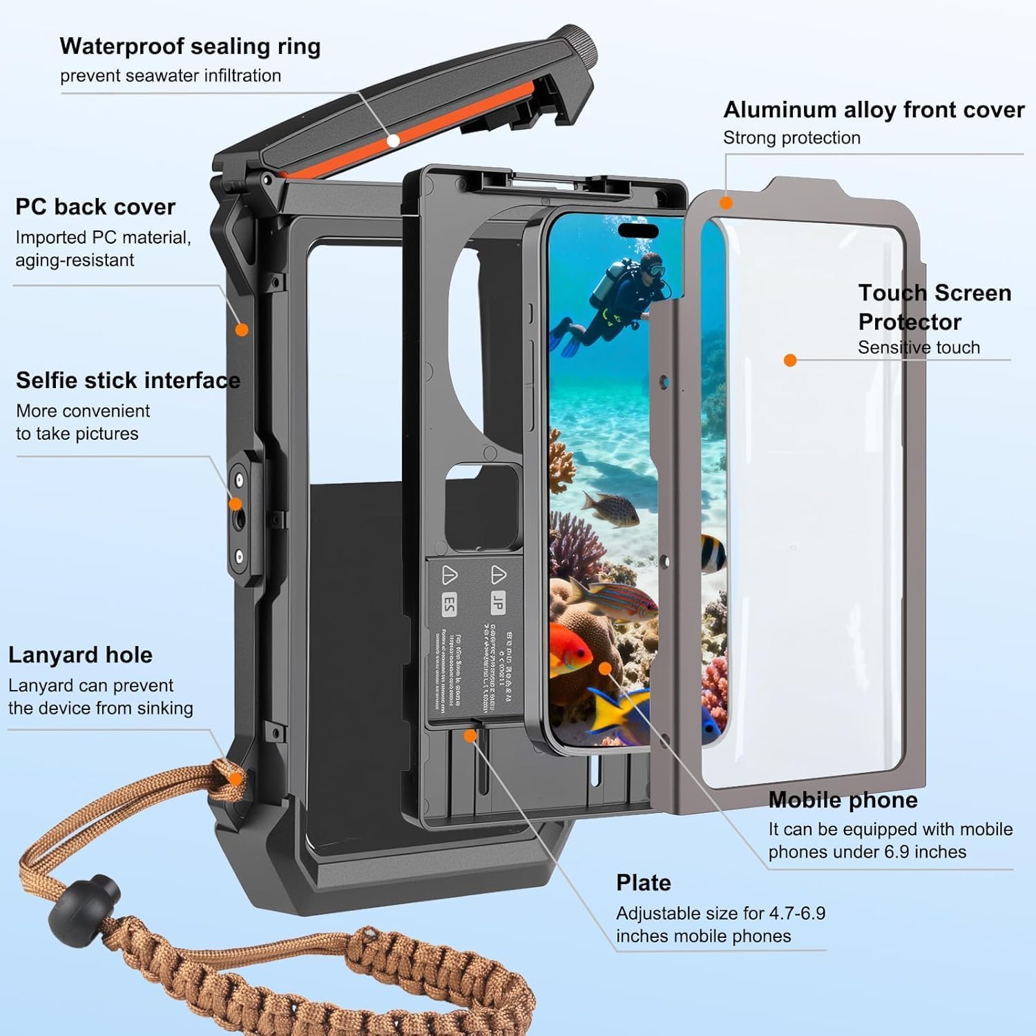 Underwater Snorkeling Diving Phone Cas[100FT/30M] Underwater Snorkeling Touchscreen Housing Universal Photo & Video Diving Casefor Phone 17/16/15/14/13/12 for Samsung A14 5G Black