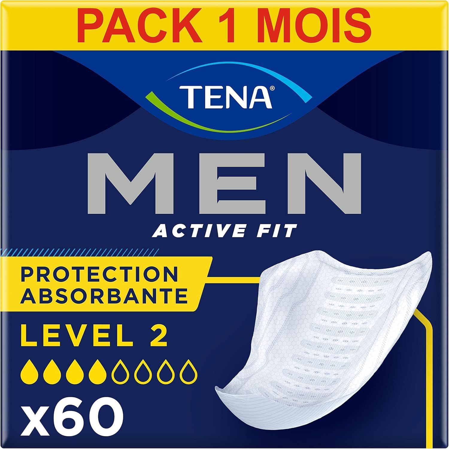 TENA Men Protections Absorbantes Niveau 2 Incontinence Homme - Pour Fuites Urinaires Modérées, Sans parfum, Blanc, 60 Protections (Pack 1 mois) (L'emballage peut varier)