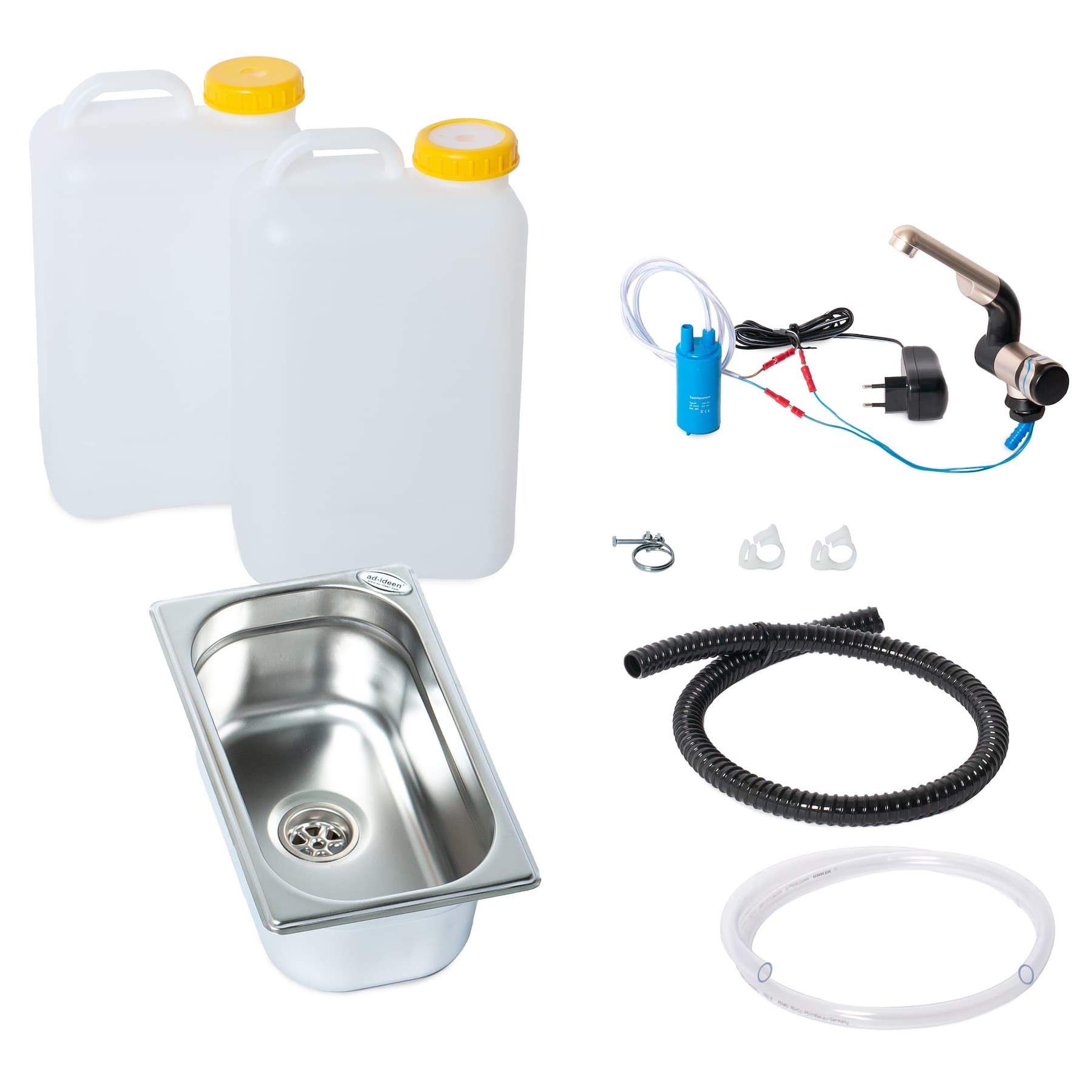 230V Wasseranlage Imbisswagen Verkaufsanhänger Campingküche Bausatz Spüle 265x160x100 + Wasserhahn Barwig Chrom Wasserkanister 19 Liter (ad-ideen)