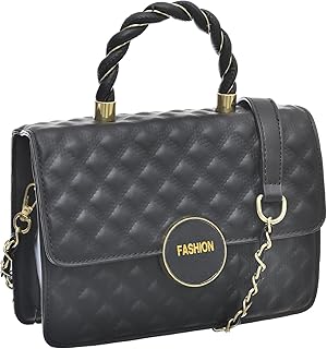 شنطة يد للنساء متوسطة الحجم من الجلد الصناعي بتصميم عصري مع حزام طويل من المعدن يمكن التحكم به مع سوستة للإغلاق- أسود وذهبي