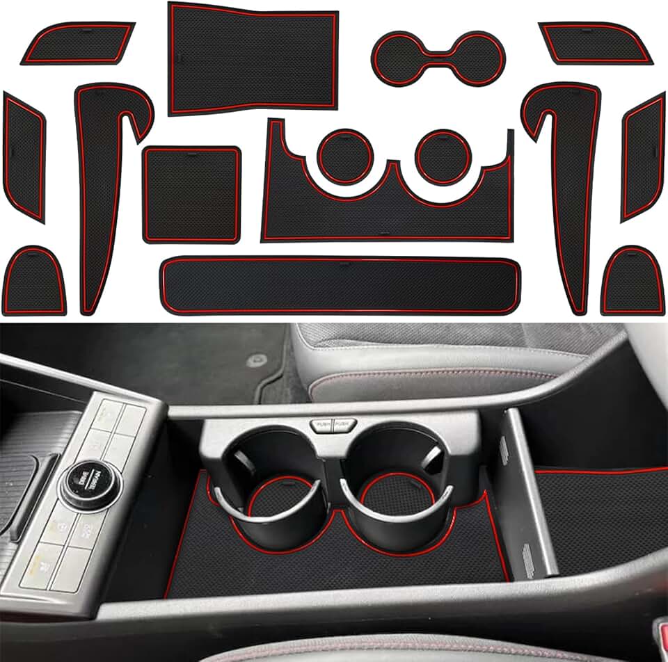 Center Console Liner for Hyundai Kona Accessories (SEL Convenience, N-line, Limited) 2024 2025 2026, Cup Holder Mat, Non-Slip Dust Interior, Custom Rubber Decoration Insert (15pcs, Red Trims)