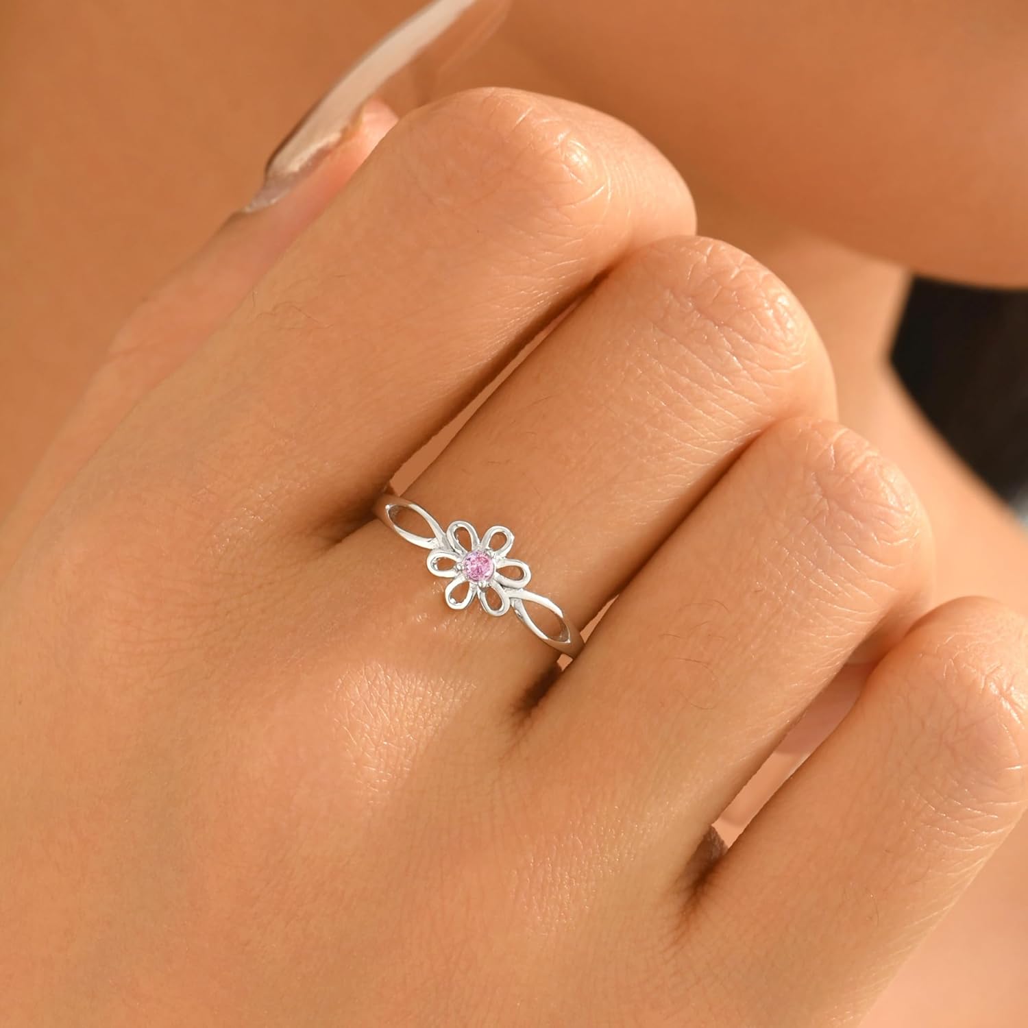 925 Sterling Silver Dainty Flower Ring for Women, Sparkling Pink Cubic Zirconia Crystal Cherry Blossom Ring for Mother Daughter Cute Birthstone Rings Wedding Statement Mother's Day Jewelry Gifts Size 6-9