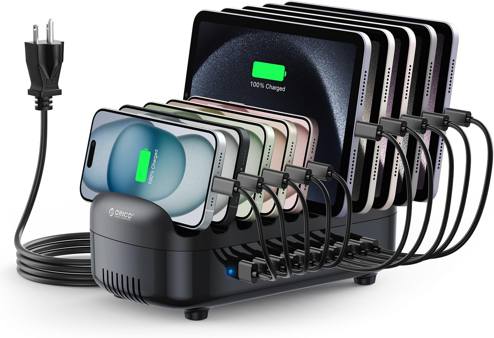ORICO 120W Charging Station for Multiple Devices 10 Ports Smart USB Charging Docking Organizer with Cooling Fan Compatible for iPhone, iPads, Samsung, Android Phone and Tablets (Cables not Included)