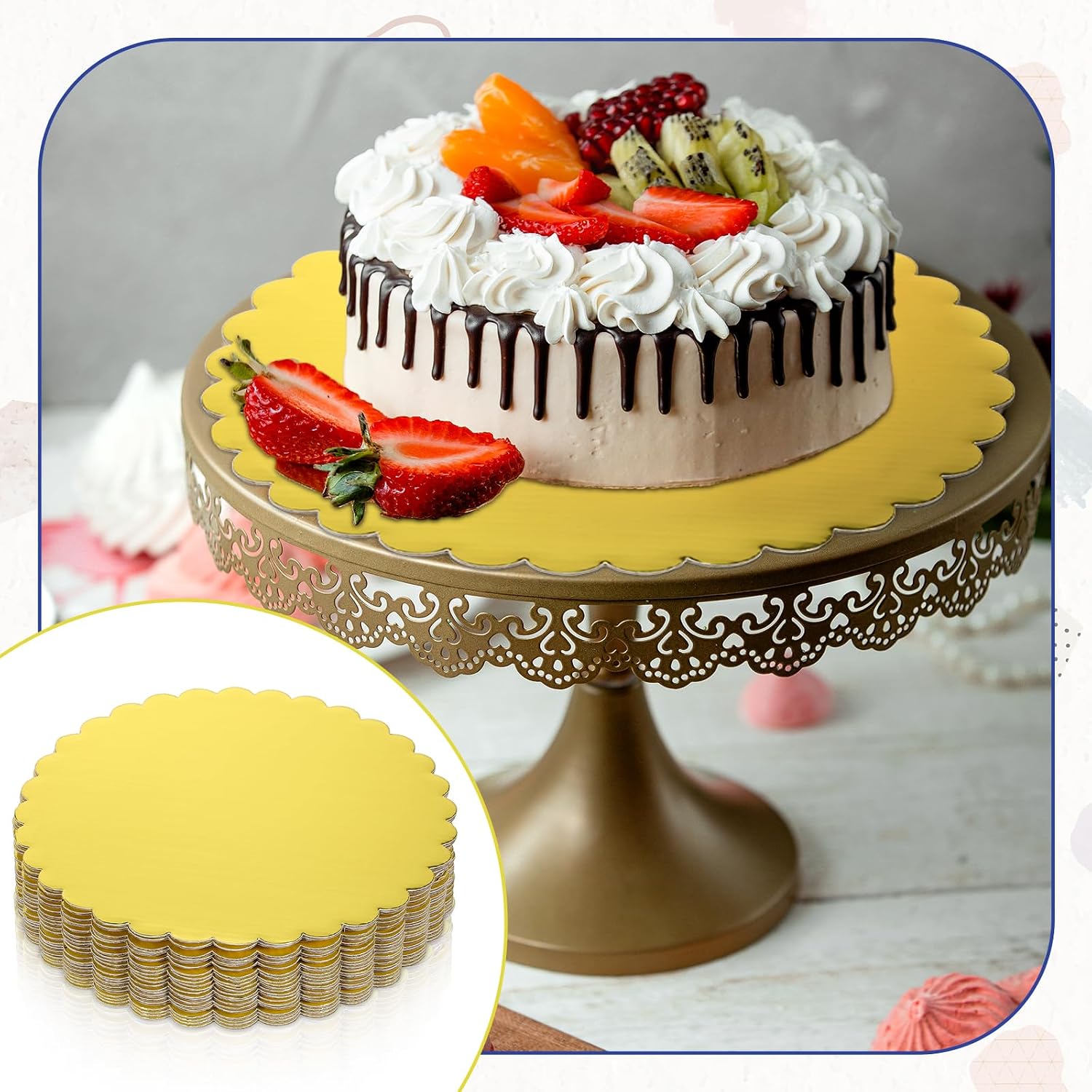 Giantree 50 Pack 10 Inch Gold Cake Boards Round Disposable Cake Base Board Circle Cakes Cardboard Rounds Scallop Edge Grease Proof Coated Plate for Wedding Christmas Birthday Decorating