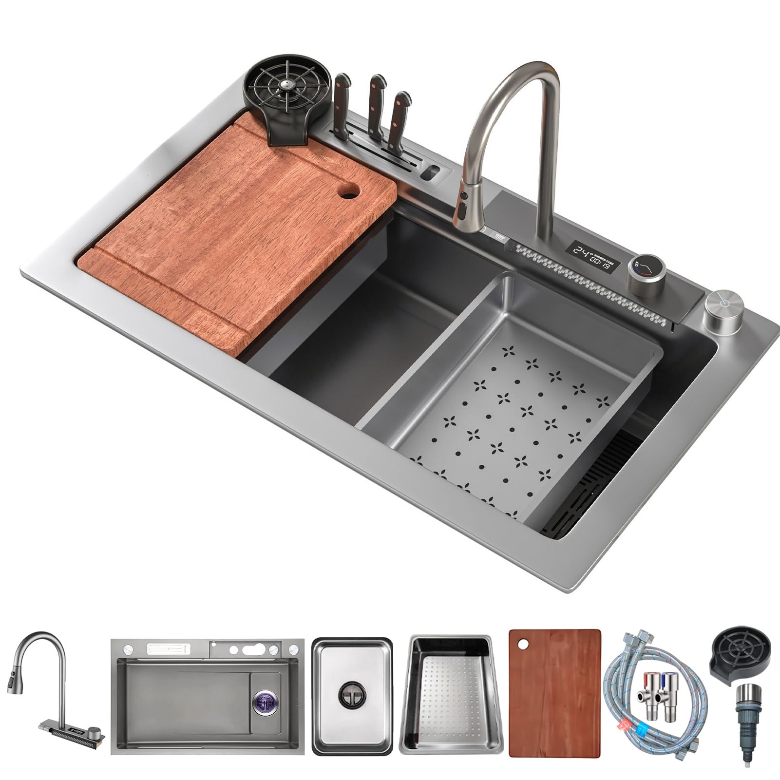 WIQUYBML Workstation Kitchen Sink With Waterfall Faucet, Domestic Stainless Steel Basin Single Bowl Set, Pressure Pot Washer, Cutting Board, Draining Basket, And Accessories(Gray,75x46cm)