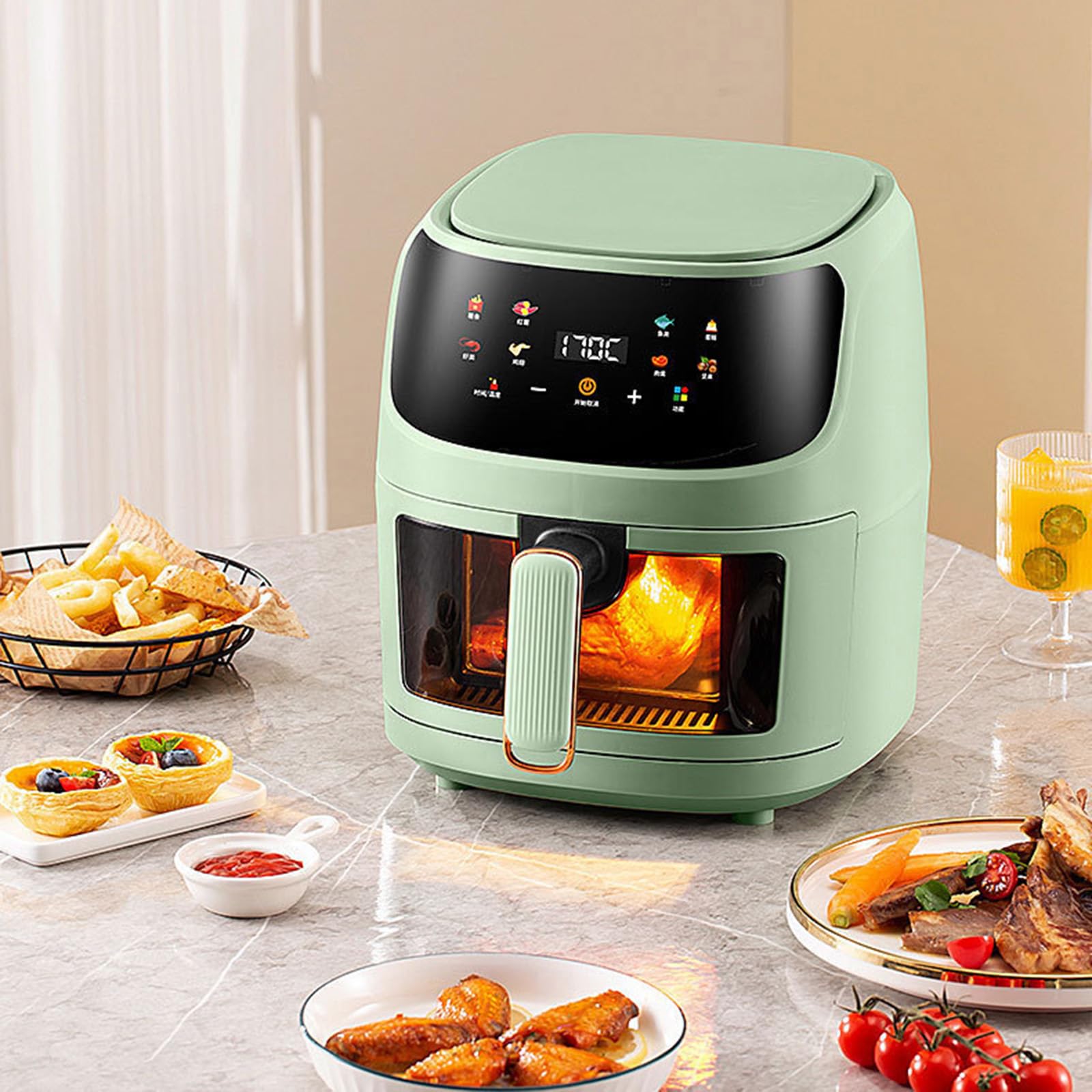 Friggitrice Ad Aria con Oblò - capacità 8 Litri, Funzionamento One-Touch, Lavabile in Lavastoviglie, Cottura Ad Aria Calda Senza Olio, Friggitrice Multifunzione per Pasti（Green）
