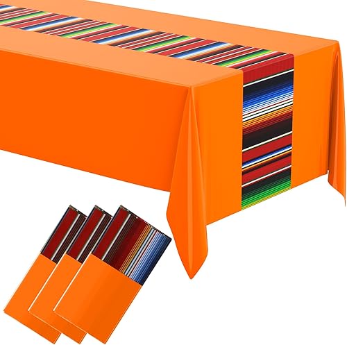 Miniatura 17 de Oudain Mantel de plástico para fiesta, 3 piezas, 108 x 54 pulgadas, desechables, impermeables, mexicanos, a rayas, para noche de tacos, festivales,