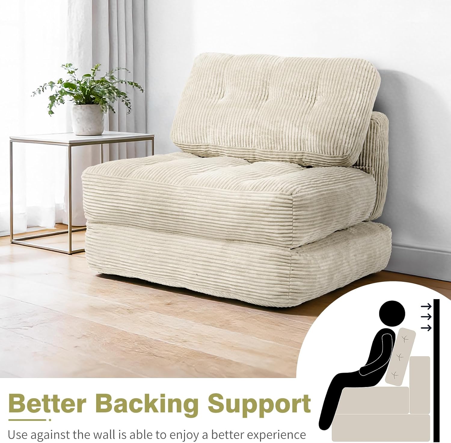 Art3d Folding Sofa Bed, Convertible Sleeper Sofa Bed with Pilow & Back Support, 3 in 1 Long Futon Boneless Couch, Comfy Floor Couch for Living Room, Bedroom, Beige