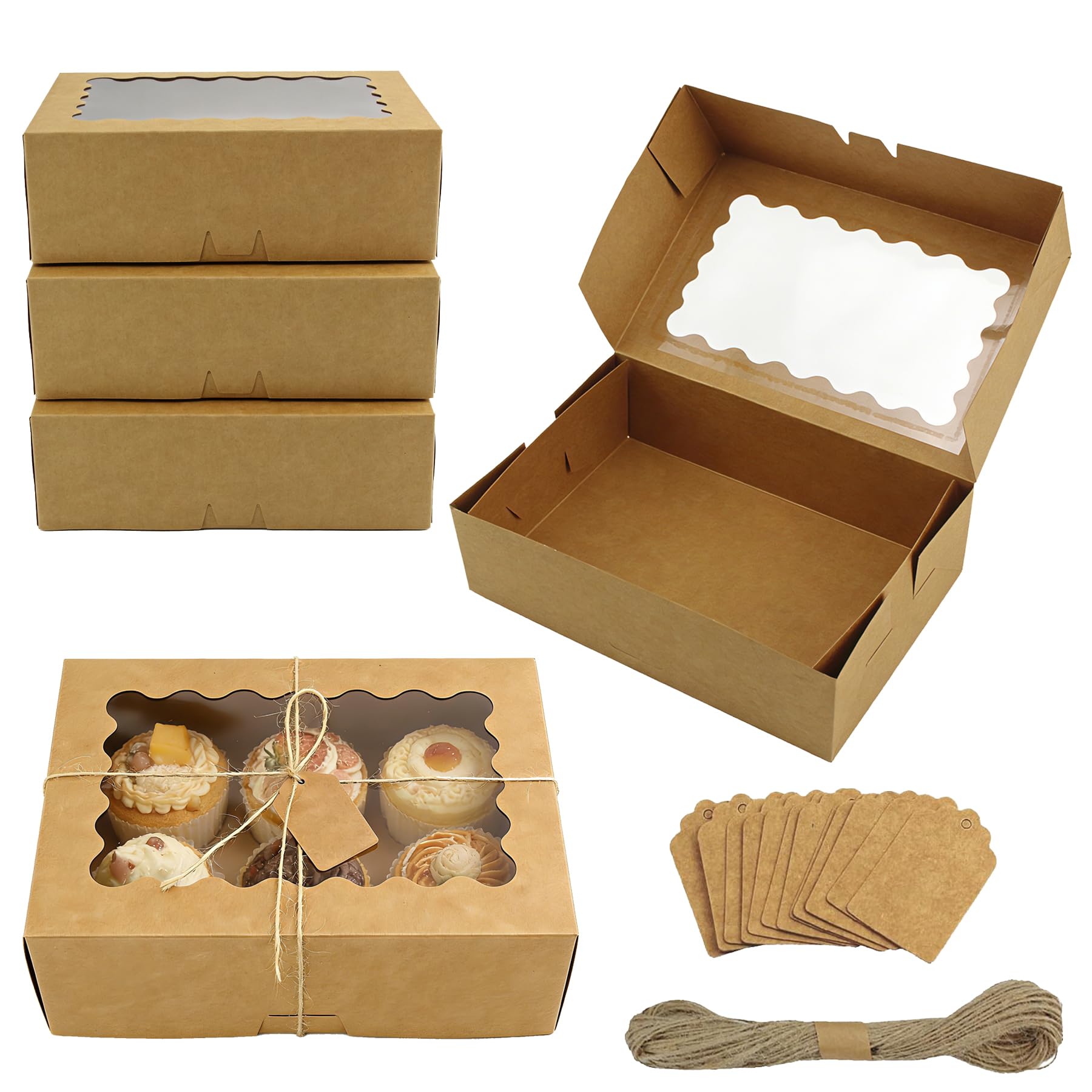 Gad2go Brown 12 Pieces Kraft Bakery Boxes With Window 23 X 15.5 X 7.3 Cm Paper Cookie Box Empty Gift Box For Dessert Pastry Candy Muffins Cupcake Packing