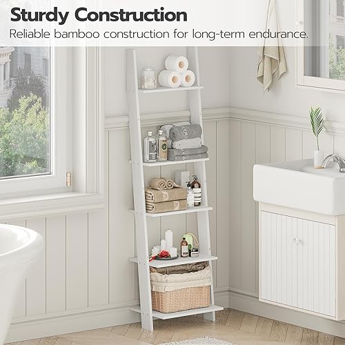 Miniatura 7 de HOOBRO Estantería de escalera de 5 niveles, estante de escalera inclinada de pared, 58.3 pulgadas de alto, estantes decorativos y de almacenamiento,