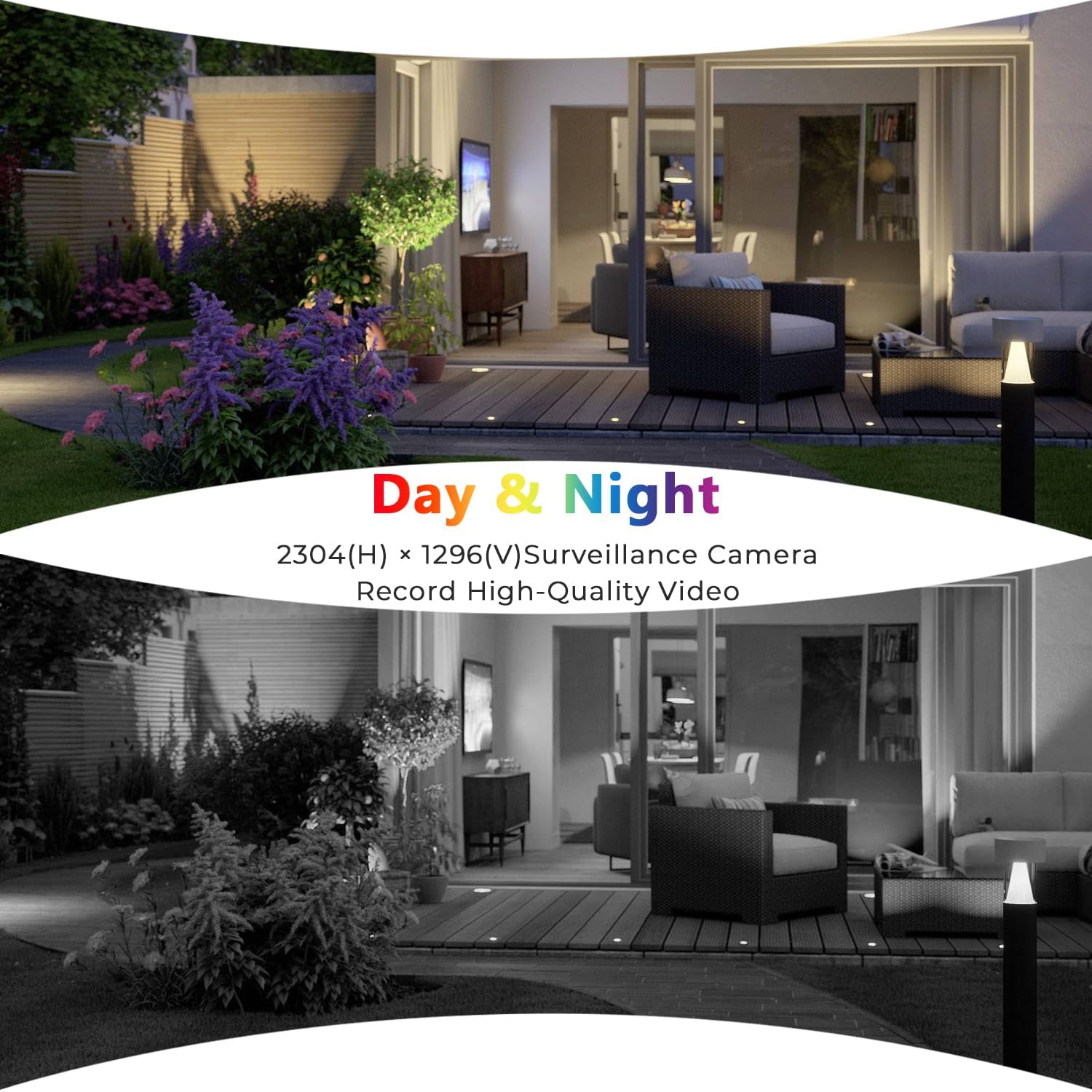 A split image showing a patio area in full color during the day and the same area in black and white infrared night vision, both captured by the R.W.FLAME Floodlight Camera.