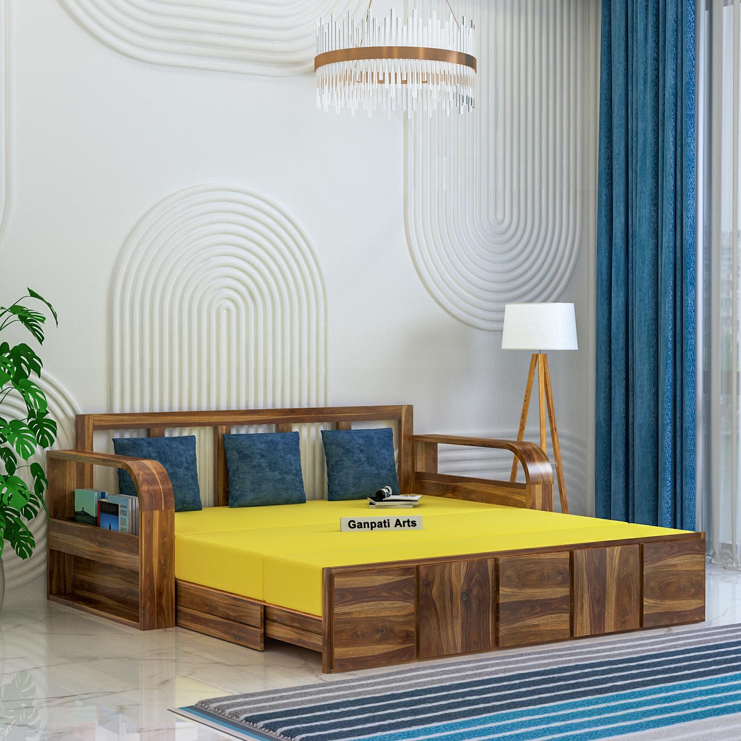 Ganpati Arts Solid Sheesham Wood Scott Three Seater Sofa With Side Pocket And Mini Storage For Home Living Room (Teak Finish), 3 Seater Ganpati Arts Solid Sheesham Wood Scott Three Seater Sofa With Side Pocket And Mini Storage For Home Living Room (Teak Finish), 3 Seater