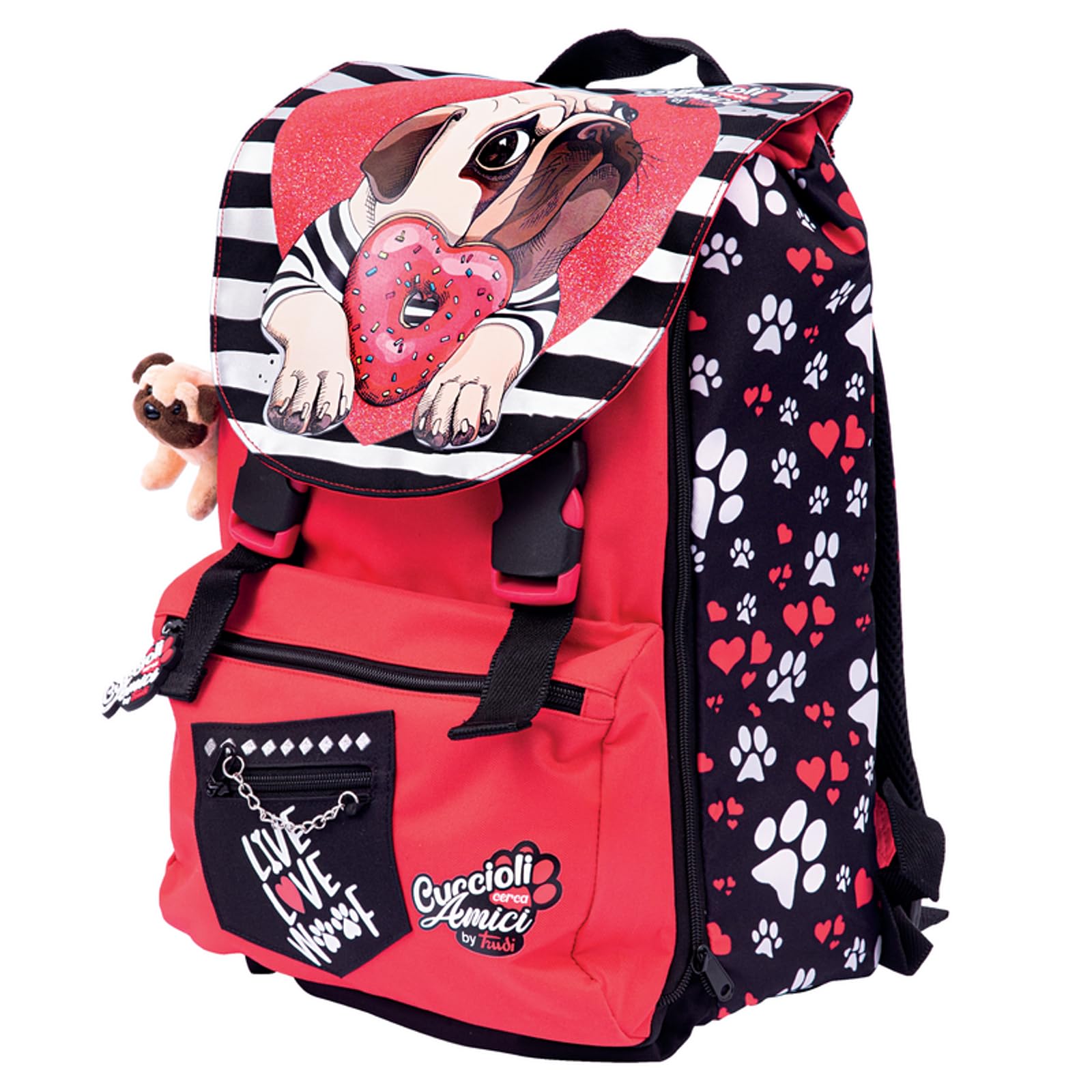 PRESTIGE & DELUXE Schulrucksack Welpen suchen Freunde Hund erweiterbar für Grundschule Kinder und Jugendliche + Federmäppchen 3 Fächer komplett + 7 Stifte und Schlüsselanhänger Pailletten, mehrfarbig,