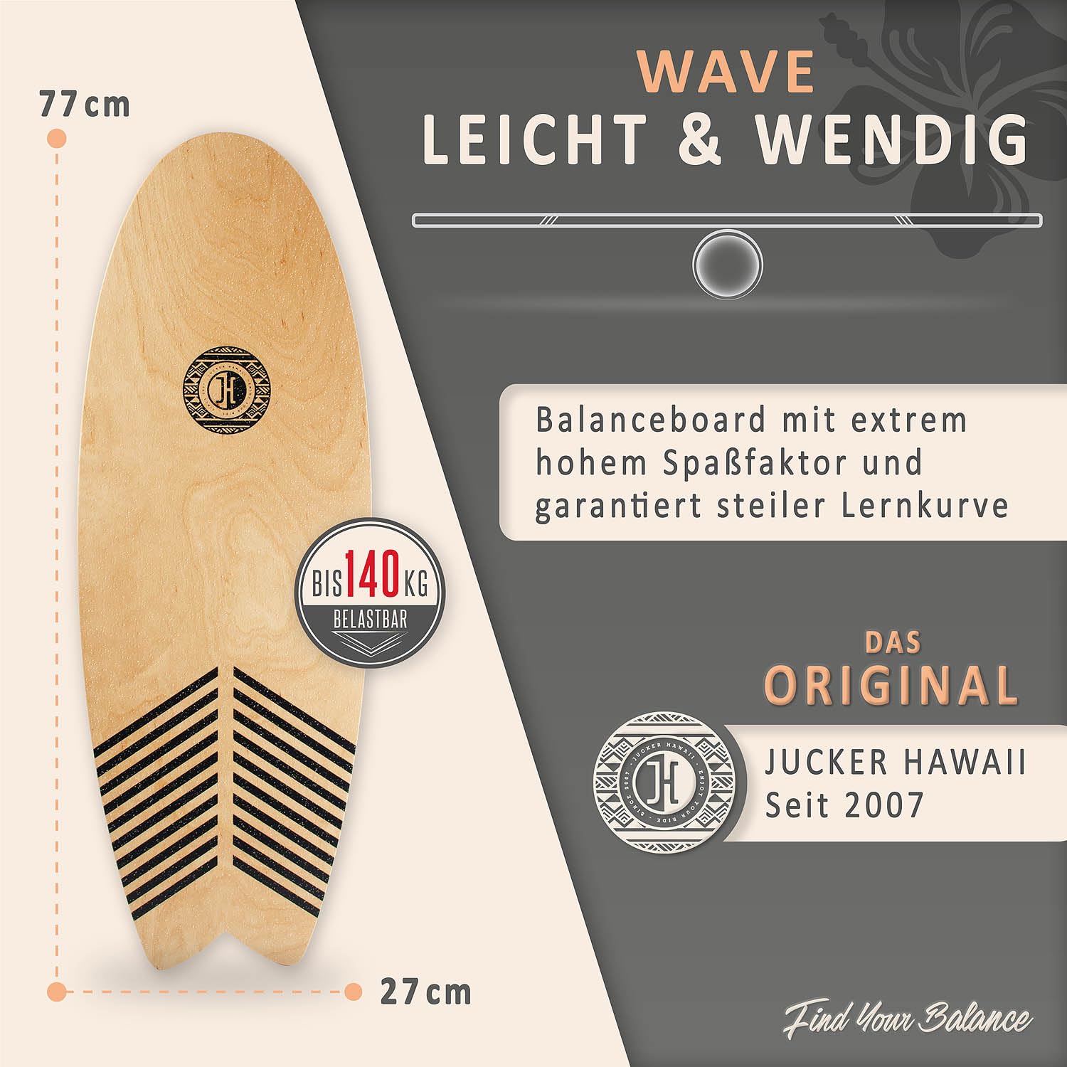 JUCKER HAWAII Balance Boards - Trick & Surf Balanceboard (100% Echtholz) mit extra rutschfester Oberfläche - Find Your Balance