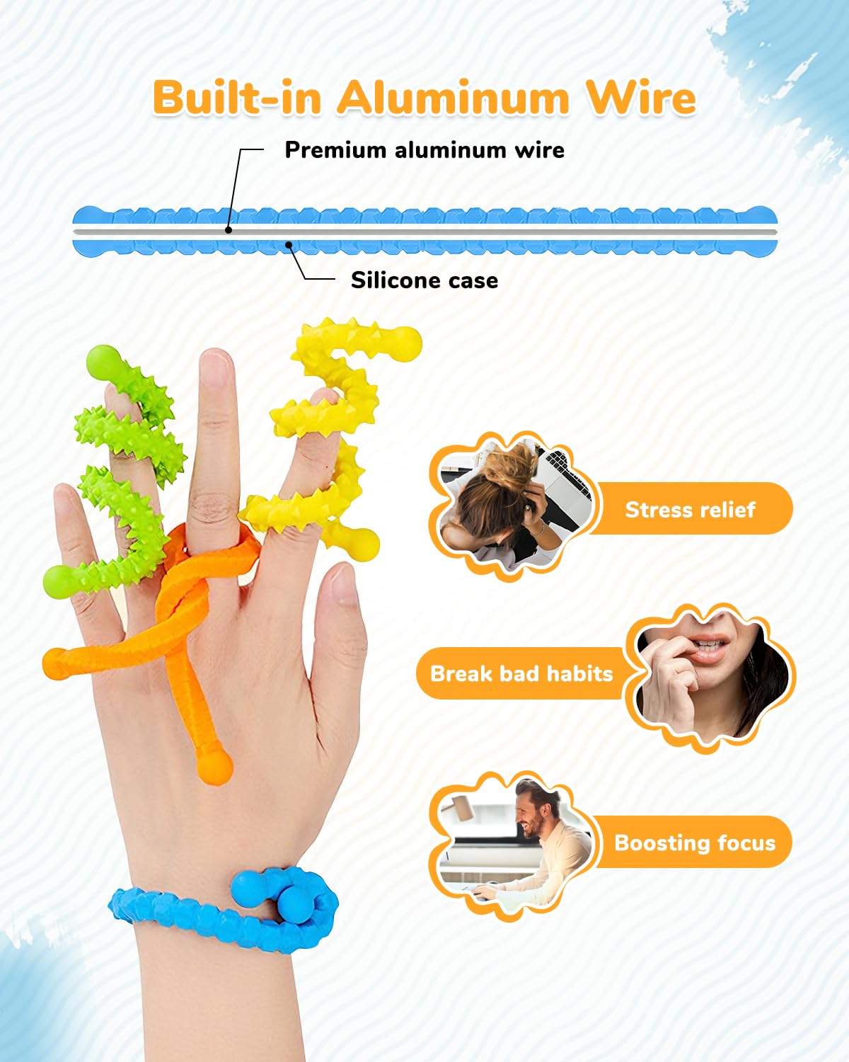XYOFUN 6 Pcs Silicone Sensory Sticks, Bendable & Shapeable Fidget Toys for Concentration & Stress Relief with ADHD, Autism - Image 3