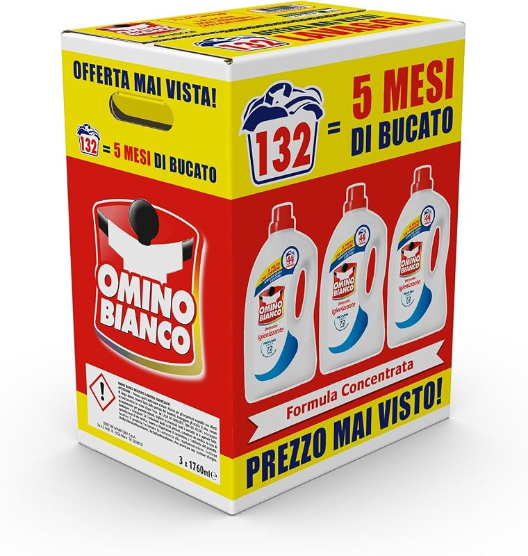 Omino Bianco - Detersivo Lavatrice Igienizzante Liquido, 132 Lavaggi, Igienizza i Capi e Rimuove Germi e Batteri, 1760 ml x 3 Confezioni