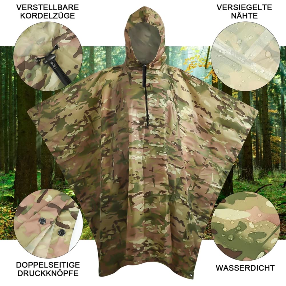 Wasserdichter Regenponcho mit Kapuze und Ärmeln für Camping, Wandern, 3-in-1, wiederverwendbarer, wasserdichter Regenmantel/Sonnenschutzplane/Zeltunterlage