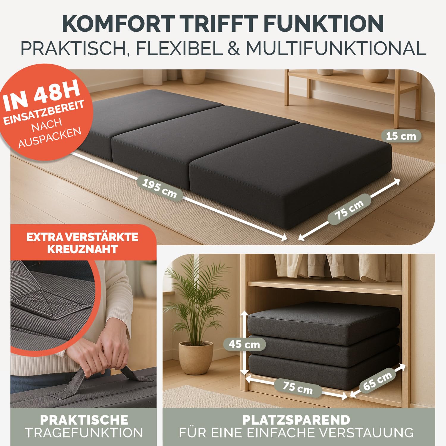 Blumtal Klappmatratze 195x75 cm - rückenfreundliche Faltmatratze Schaumstoff extra dick (15 cm) - 3teilige Gästematratze klappbar - Schlafmatratze + Bezug in Anthrazit hautfreundlich & waschbar