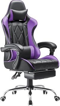 Shahoo Gaming Chair with Footrest and Massage Lumbar Support, Ergonomic Computer Seat Height Adjustable with 360Swivel and Headrest, Purple