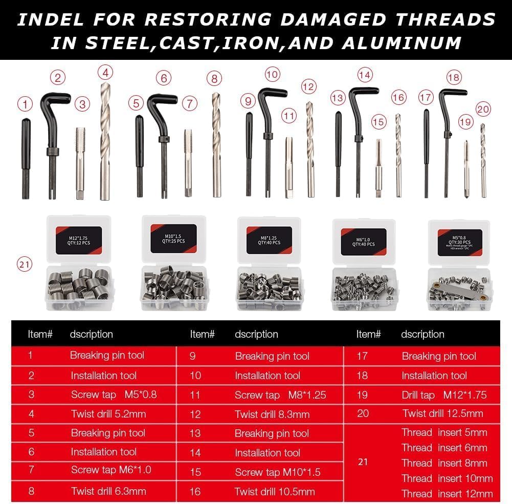 Thread Repair Kit, 338PC Helicoil Repair Kit with Metric & SAE HSS Drill Bit and Wire Thread Inserts, M5 M6 M8 M10 M12 1/4" 5/16" 3/8" 7/16" 1/2"