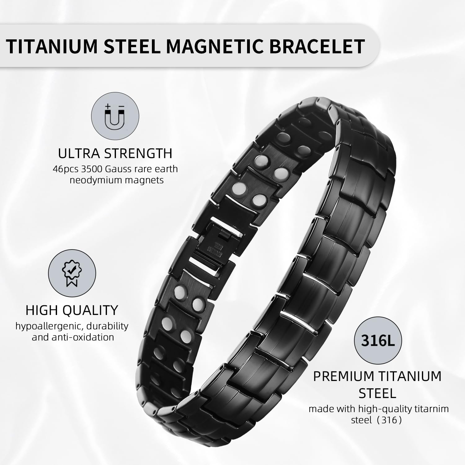 MagEnergy Pulseras magnéticas de acero de titanio para hombre, doble fila de imanes ultra resistentes, pulseras magnéticas con herramienta de extracción de eslabones ajustables y caja de regalo de