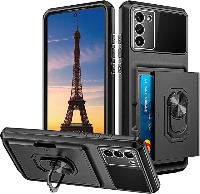 Coolden for Samsung S21 FE Case Wallet Case with Card Holder Slot Ring Kickstand Case Armor Military Grade Shockproof Case Heavy Duty Protective Phone Case Cover for Samsung Galaxy S21 FE 5G-Black