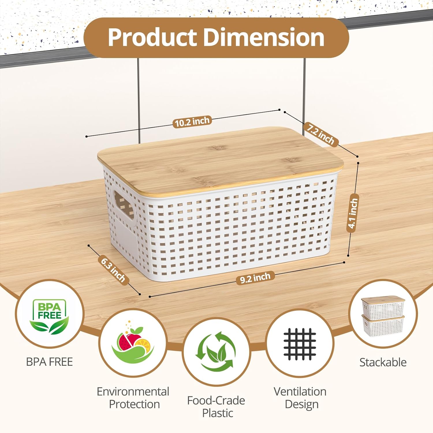 Plastic Storage Baskets with Bamboo Lids, Stackable Small Box Bins for Organizing and Containers for Shelves Drawers Desktop Closet Pantry Classroom Office Home, 6 Pack 10.2x7.2x4.1 Inch, White